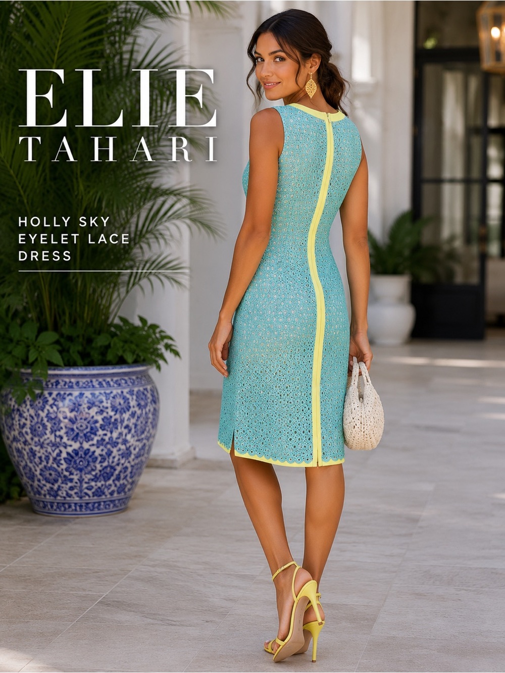 Elie Tahari, Holly Sky Eyelet Lace Sleeveless Dress,Blue,Yellow,Cottage,Size 10